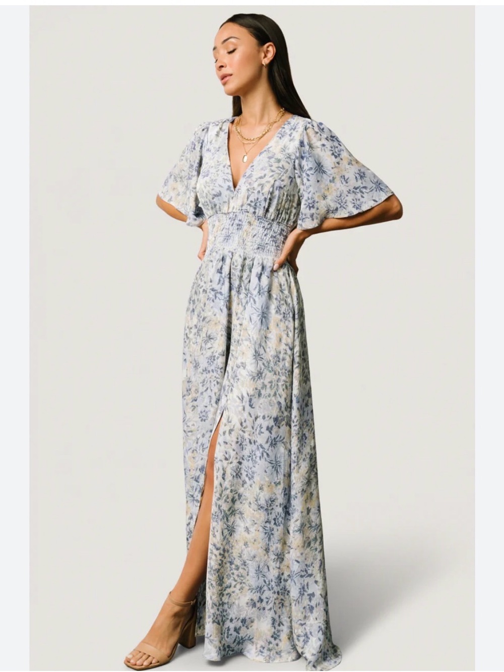Baltic Born Verona Smocked Maxi Dress Medium Blue Floral Spring Wedding Romantic
